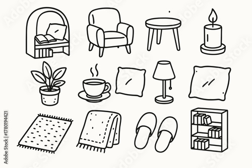 Lamp room table candle icons plant vector icon cozy armchair pillow reading