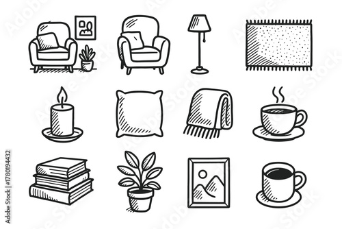 Tea plant pillow rug vector room interior pile cozy icons blanket cup