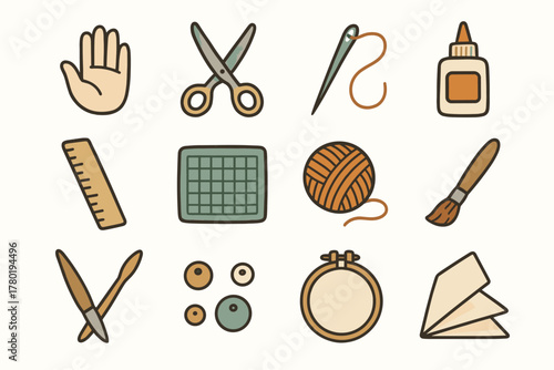 Needle yarn tools icon clay handmade beads paper bottle icons craft folded