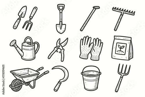 Tools wheelbarrow hoe rake watering sickle icon vector farm pruning