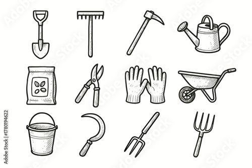 Tools gloves rake seed farm shovel pitchfork vector sickle bucket work icon
