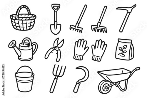 Watering bucket vector can wheelbarrow harvest farm tools icon shears gear bag