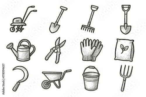 Rake icons equipment vector farm tools pruning icon shears can sickle shovel