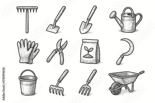 Can hand tools rural watering vector set shovel farm bag icons icon