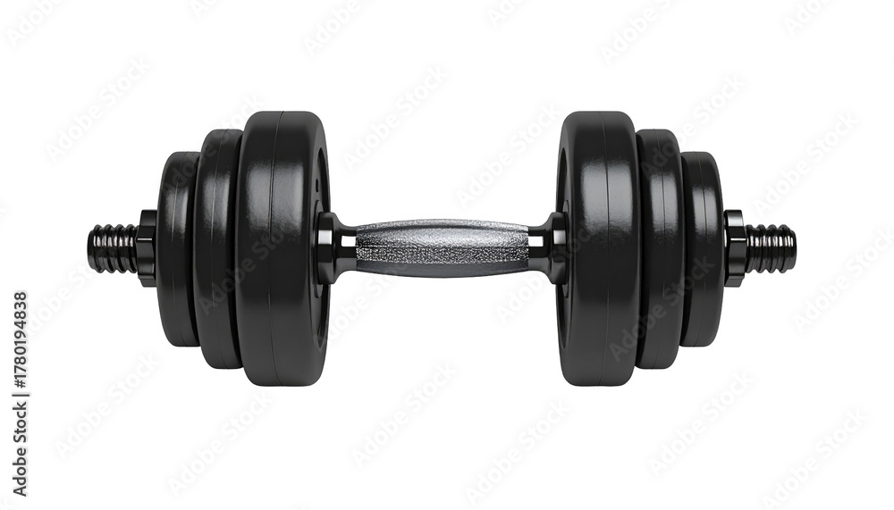 Naklejka premium A black adjustable dumbbell with weight plates, set against a solid black background in center focus