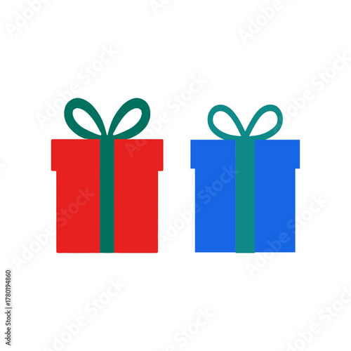 Two brightly colored gift boxes with green ribbons and bows