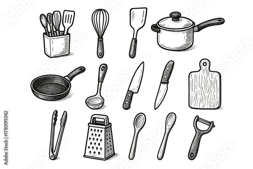 Whisk kitchen tongs saucepan spatula utensil spoon peeler icons icon vector knife