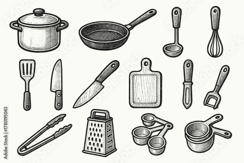 Cookware kitchen vector grater utensil pan icon cutting saucepan peeler icons frying