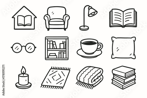 Cozy vector icon rug glasses reading pillow book lamp icons candle literary