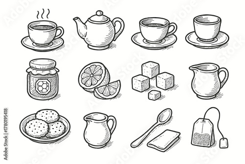 Vector tea napkin time honey cup biscuit jug icons cubes icon teaspoon