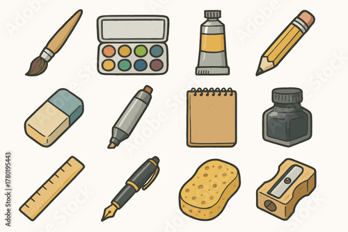 Eraser icons palette sketchbook marker paint vector sponge supply pen art watercolor