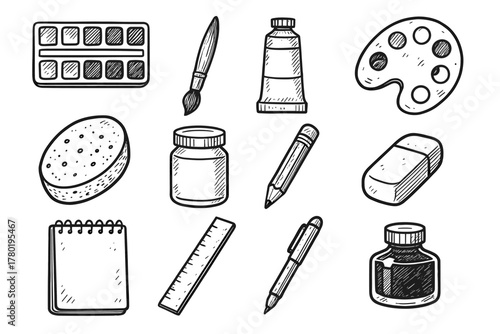 Eraser ink pen tube sponge vector pencil sketchbook supplies icons art icon