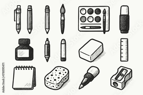Sketchbook art bottle icon sharpener ink tools eraser paintbrush palette materials vector