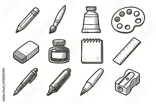 Vector icon pen ruler paint art icons marker sharpener material brush sketchbook