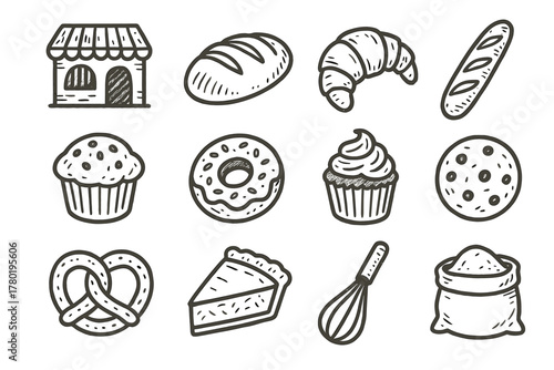 Vector rustic bakery slice whisk icon drawn hand croissant bag pie cookie