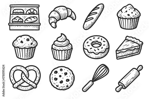 Vector baguette cookie bag pin icon set muffin collection donut bakery
