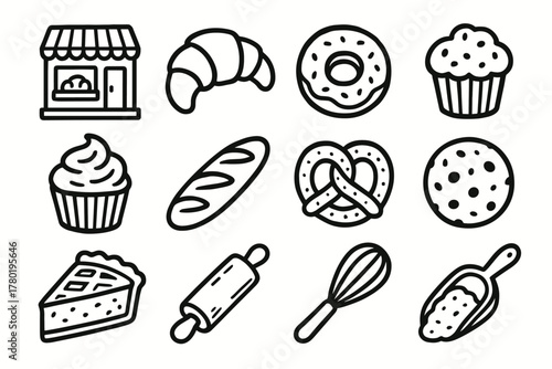 Baguette set shop pretzel pastry whisk vector muffin bakery rolling croissant icon