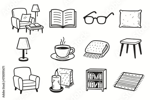 Candle setup vector armchair icon cozy blanket nook glasses teacup book small