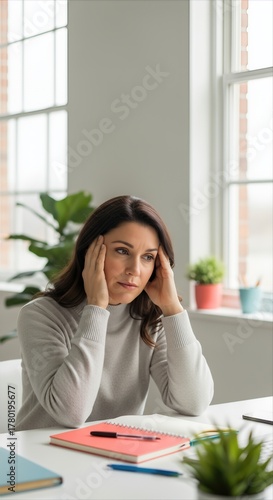 Woman experiences brain fog at desk in bright home office