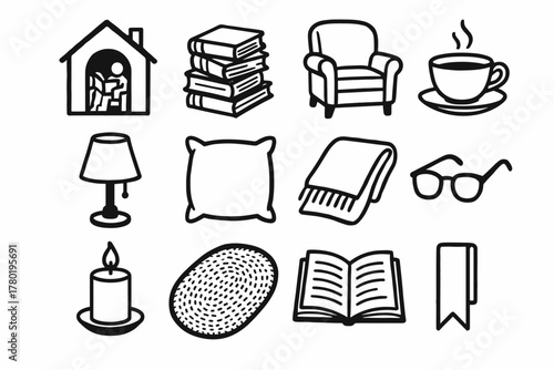 Icon candle book cozy glasses icons tea vector rug open retreat reading