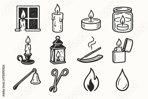 Collection calm flame icon candlelight drop trimmer glass snuffer lighter tealight vector