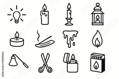 Set tealight candlelight lighter matchbox icon lantern flame vector burning trimmer drip