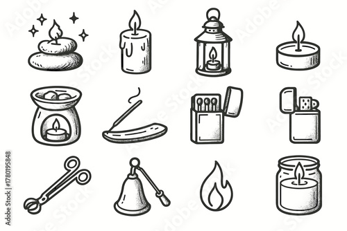Jar snuffer icon lighter flame set candlelight matchbox vector candle glass
