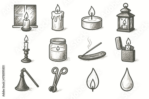 Holder vector lighter lantern wax candlestick icon set incense candlelight trimmer drop