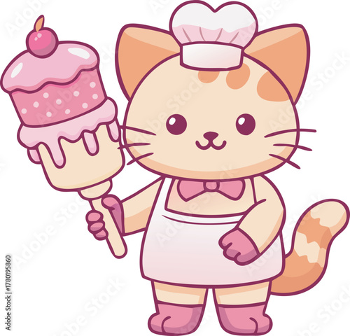 Ginger Striped Cat Baker Icon in Pink Chef Uniform Holding a Giant Frosted Cupcake/Muffin on a Stick, Isolated Kawaii Vector Illustration