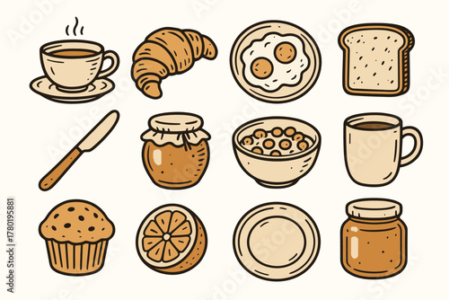 Jam vector breakfast icon slice tea icons plate cozy orange eggs knife