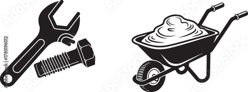 Monochrome Vector Art Featuring Mechanic Wrench, Bolt, and Construction Wheelbarrow