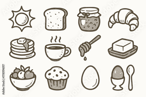 Dipper jar start breakfast coffee icons fruit cozy pancake vector toast spoon