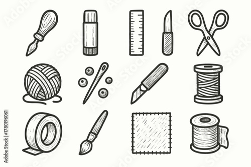 Tape needle craft yarn stick icons supplies ruler roll icon glue vector