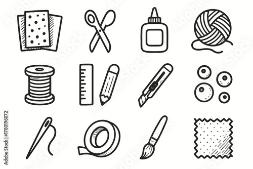Supplies roll paintbrush spool vector materials craft icons icon ruler knife diy