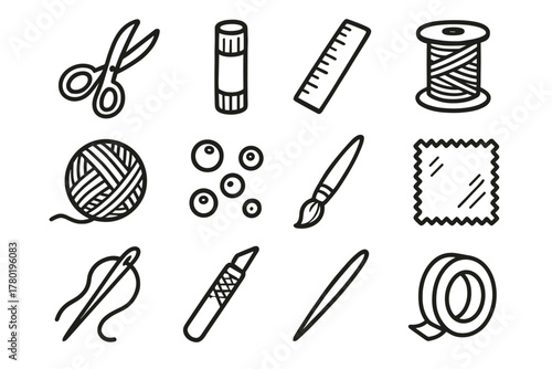Stick paintbrush roll fabric knife tape sewing supplies craft vector icon icons