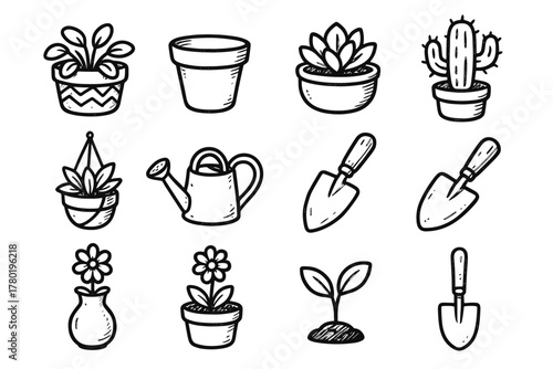 Vector flower clay shovel soil icon potted succulent hanging vase watering modern