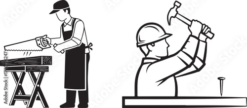 Black and White Vector Line Art Icons of Carpentry Work