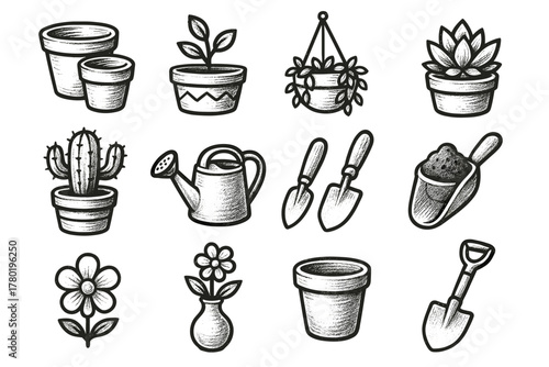 Icon garden pot vector basket clay collection can bloom shovel trowel cactus