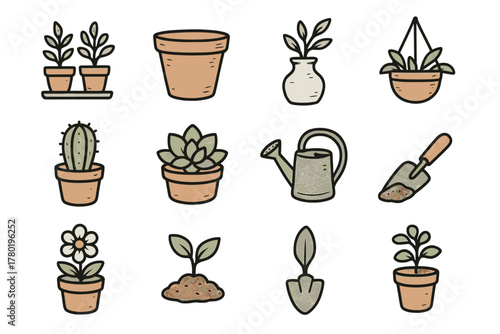 Pot shovel vector scoop icon garden hanging sprout ceramic watering tool greenery