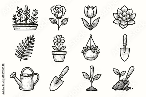 Icon watering sprout leaf garden succulent flower vector trowel collection scoop