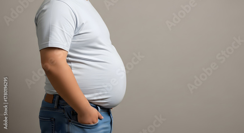 Side profile of overweight man in gray t-shirt and jeans, Obese male body shape against neutral beige background, Casual pose of man with large abdomen and hands in pockets, Studio shot focusing on bo