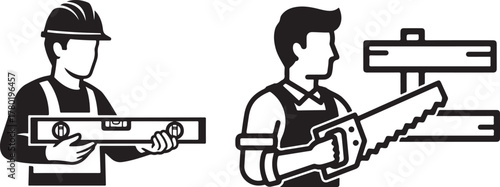 Monochrome Vector Icons of Construction Tradesmen with Tools and Equipment