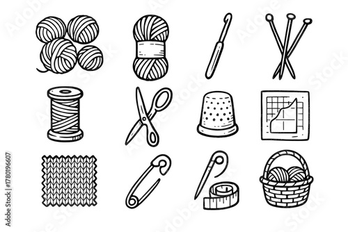 Icon yarn swatch vector needles knitting scissors icons hook thread tape tools