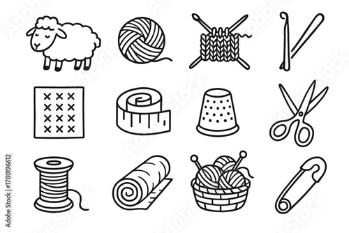 Vector icon spool sheet yarn basket crochet knitting fabric pin collection