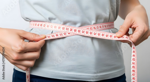 Close-up of person measuring waist with tape measure, Midsection measurement showing large waist circumference, Waist health and body size concept with measuring tape, Person checking waist size over 