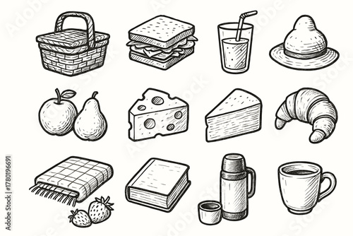 Essentials sun icons vector book icon wicker strawberries sandwich fruits basket juice