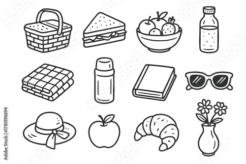 Picnic icon bottle flower basket set vector sunglasses juice blanket book bowl