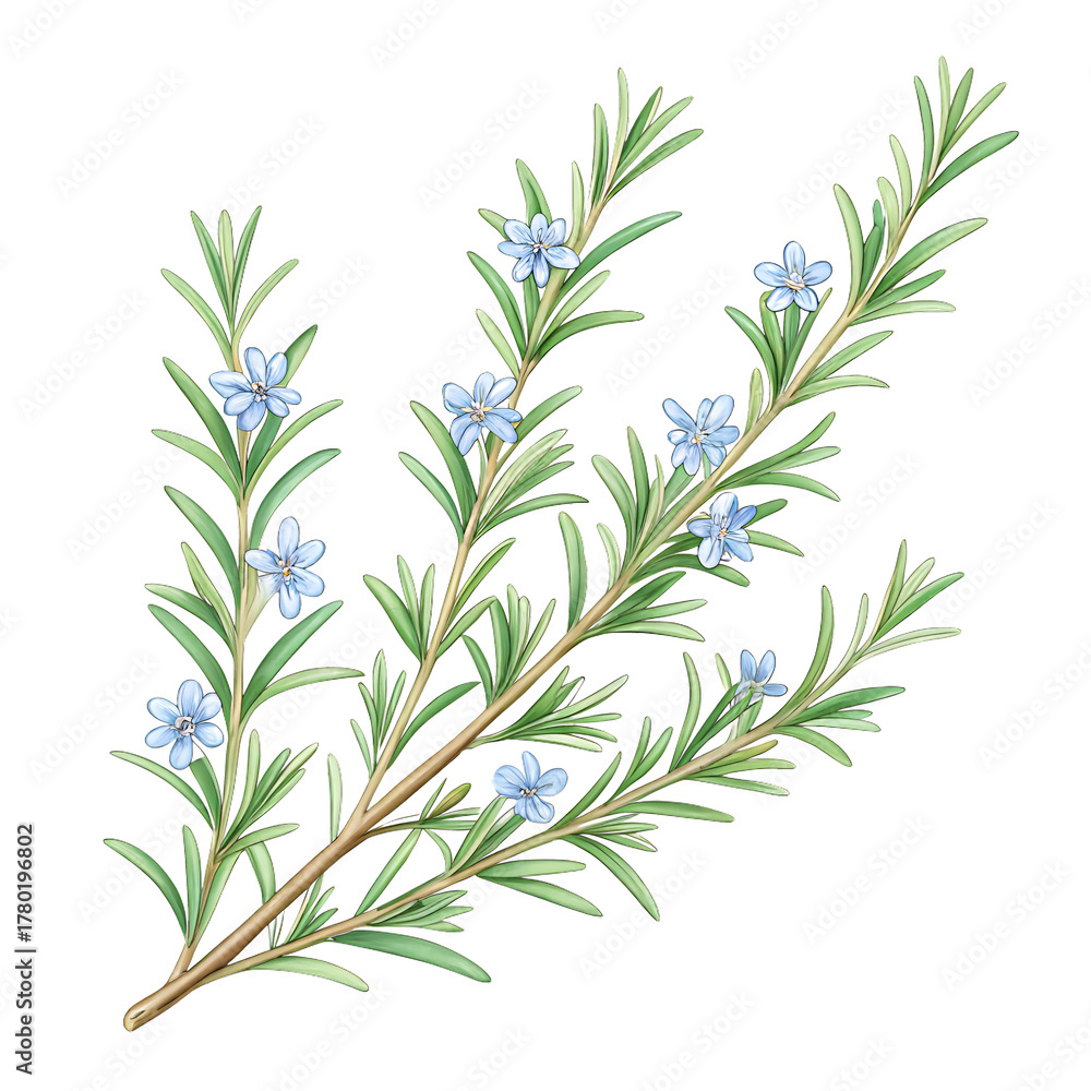 Fototapeta premium Delicate rosemary sprigs with tiny blue flowers, perfect for culinary or herbal designs