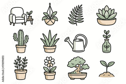 Greenery succulent herb cactus cozy can aloe hanging icon plant modern vector