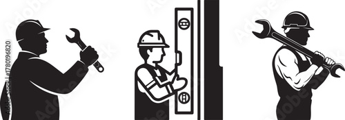 Black and White Vector Icons of Construction and Repair Workers with Tools